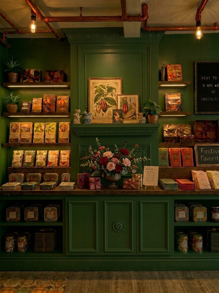 Design render of the shop's chocolate wall — dark green panelling, oak shelves and wrapped bars